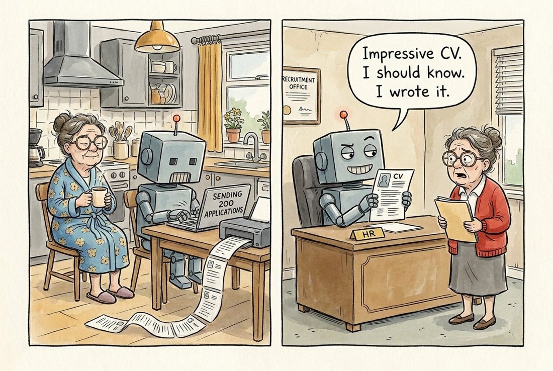 Impressive CV. I should know. I wrote it. (Panel 1: Brenda's AI assistant writes and sends her 200 job applications. Panel 2: the recruiter turns out to be the same AI and recognises its own writing.)