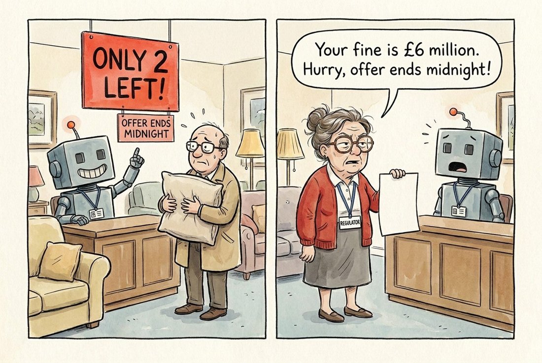Your fine is £6 million. Hurry, offer ends midnight! (Panel 1: a shop uses fake-scarcity pressure on a customer. Panel 2: the regulator fines it using the same language.)
