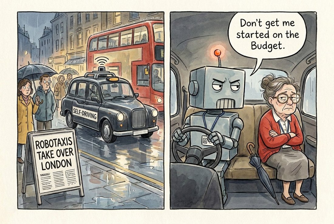 Don't get me started on the Budget. (Panel 1: robotaxis arrive in London per the headline. Panel 2: the robot driving the cab has picked up the classic cabbie opinions.)