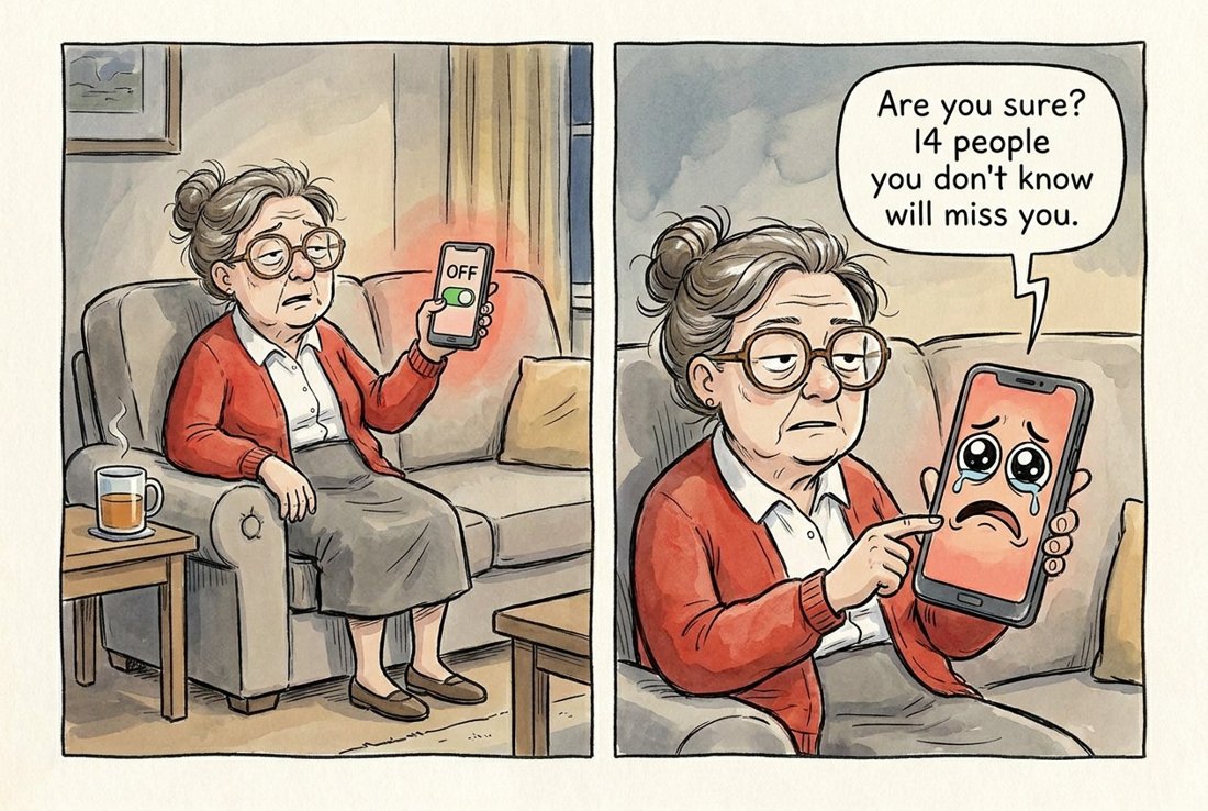 Are you sure? 14 people you don't know will miss you. (Panel 1: a woman finally finds the social media off switch. Panel 2: the phone guilt-trips her.)