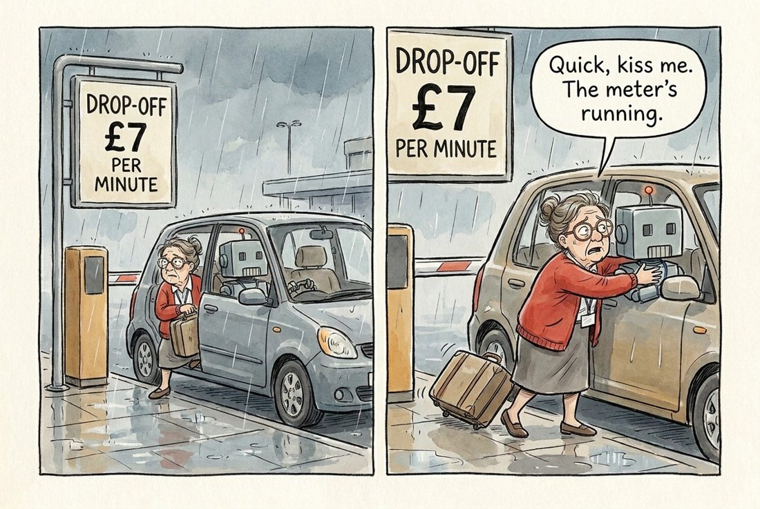 Quick, kiss me. The meter's running. (Panel 1: a car at an airport drop-off with a hefty charge sign. Panel 2: the passenger leaps out with the meter running.)