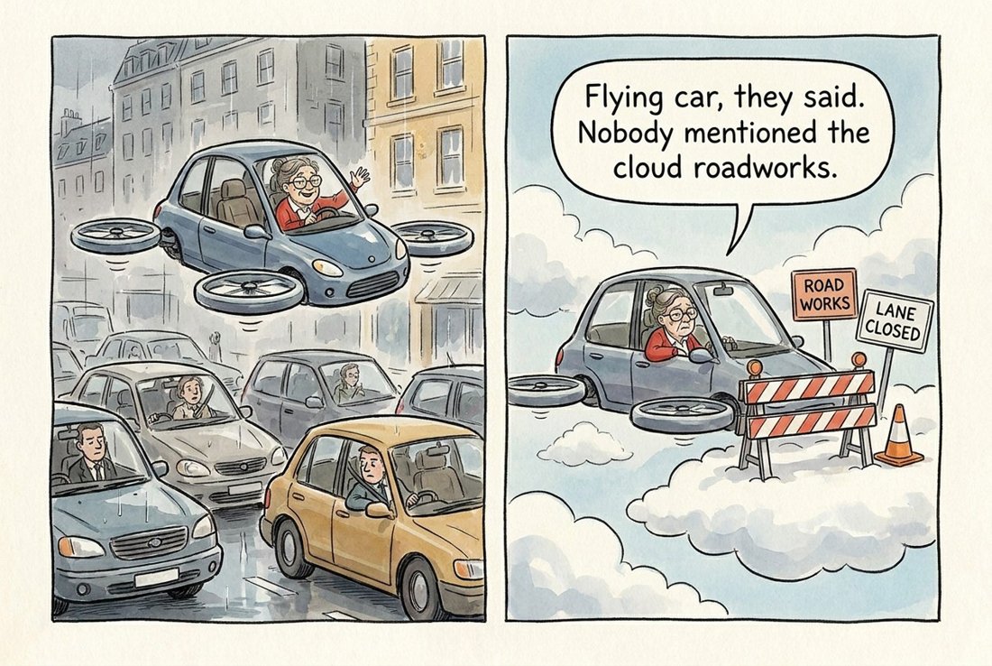Flying car, they said. Nobody mentioned the cloud roadworks. (Panel 1: a flying car soars above gridlock. Panel 2: it meets roadworks in the sky.)