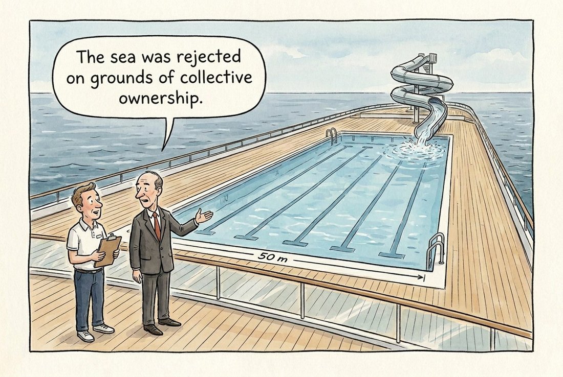 The sea was rejected on grounds of collective ownership. (A government official explains why an enormous yacht needs its own swimming pool despite floating in the sea.)
