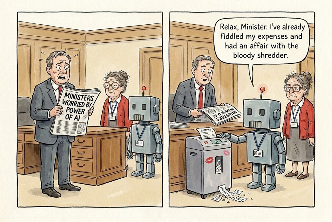 Relax, Minister. I've already fiddled my expenses and had an affair with the bloody shredder. (UNIT-7 reassures a worried Westminster politician that he has already mastered standard parliamentary behaviour.)