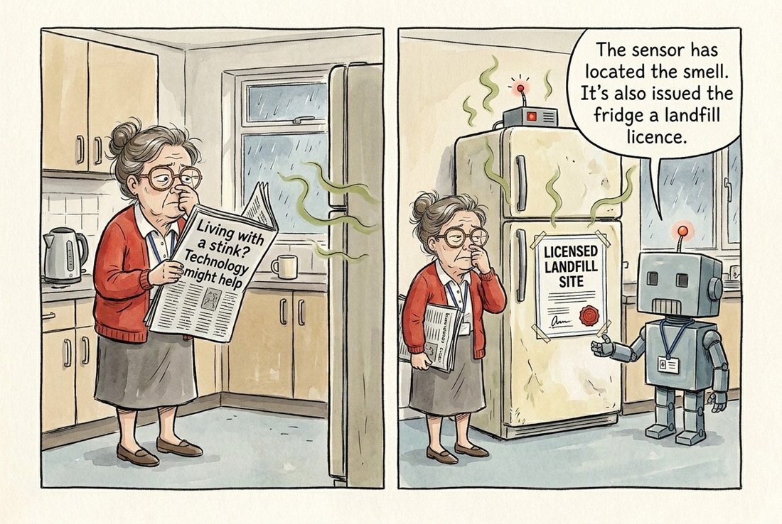 The sensor has located the smell. It's also issued the fridge a landfill licence. (Brenda reads that technology now monitors smells from landfill sites; in the office kitchenette UNIT-7 has installed an odour sensor on the staff fridge, which has promptly been issued a landfill licence.)