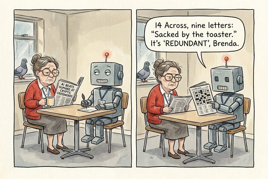14 Across, nine letters: 'Sacked by the toaster.' It's 'REDUNDANT', Brenda. (UNIT-7 beats Brenda at the cryptic crossword, only to reveal the answer is a ruthless HR announcement.)