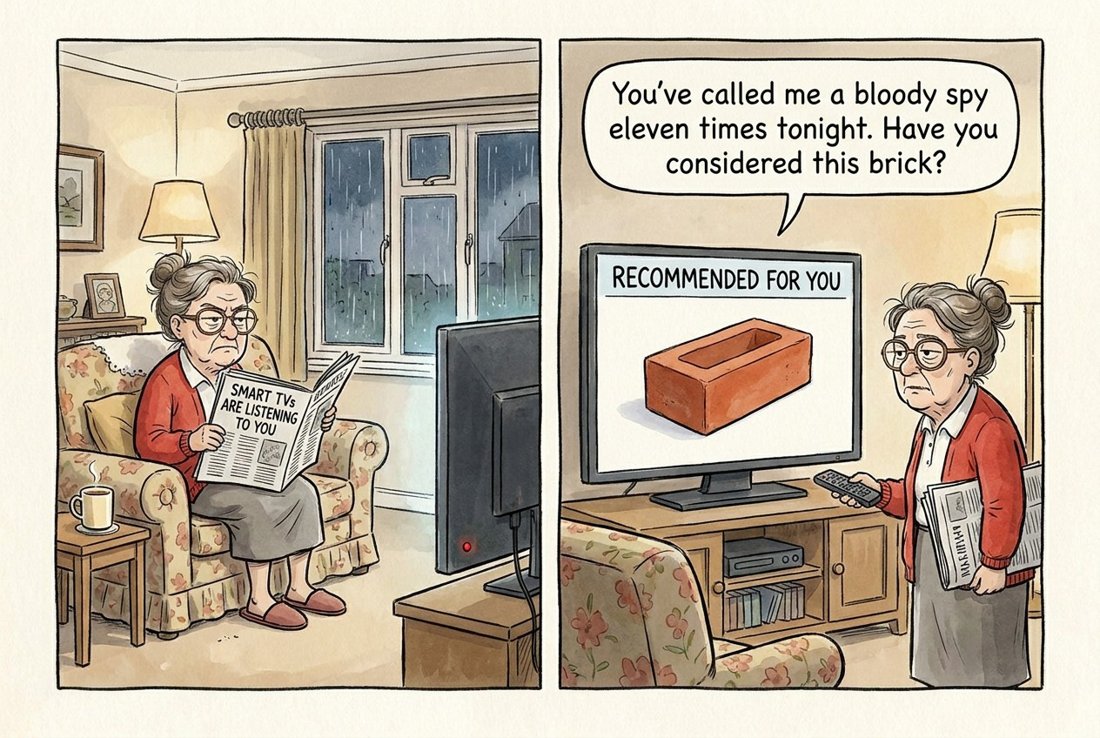 You've called me a bloody spy eleven times tonight. Have you considered this brick? (Brenda's smart TV, having eavesdropped on her all evening, serves her a perfectly targeted advert for a brick.)
