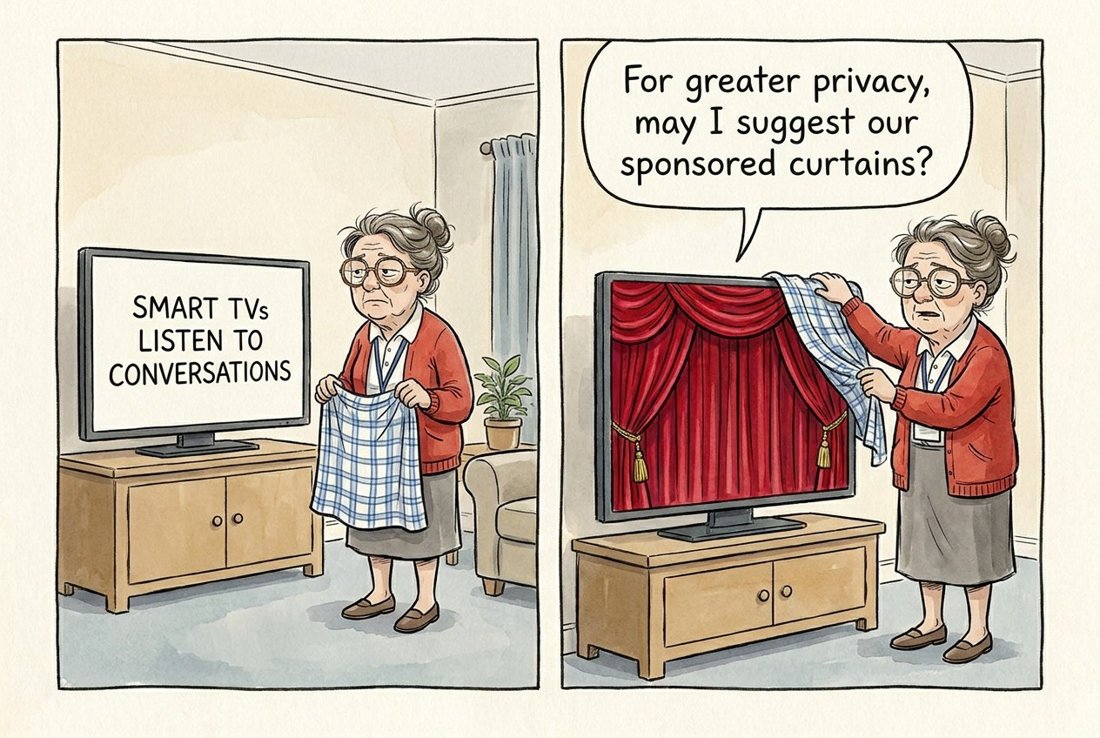 For greater privacy, may I suggest our sponsored curtains? (Brenda tries covering her surveillance-minded television, which responds by advertising curtains.)